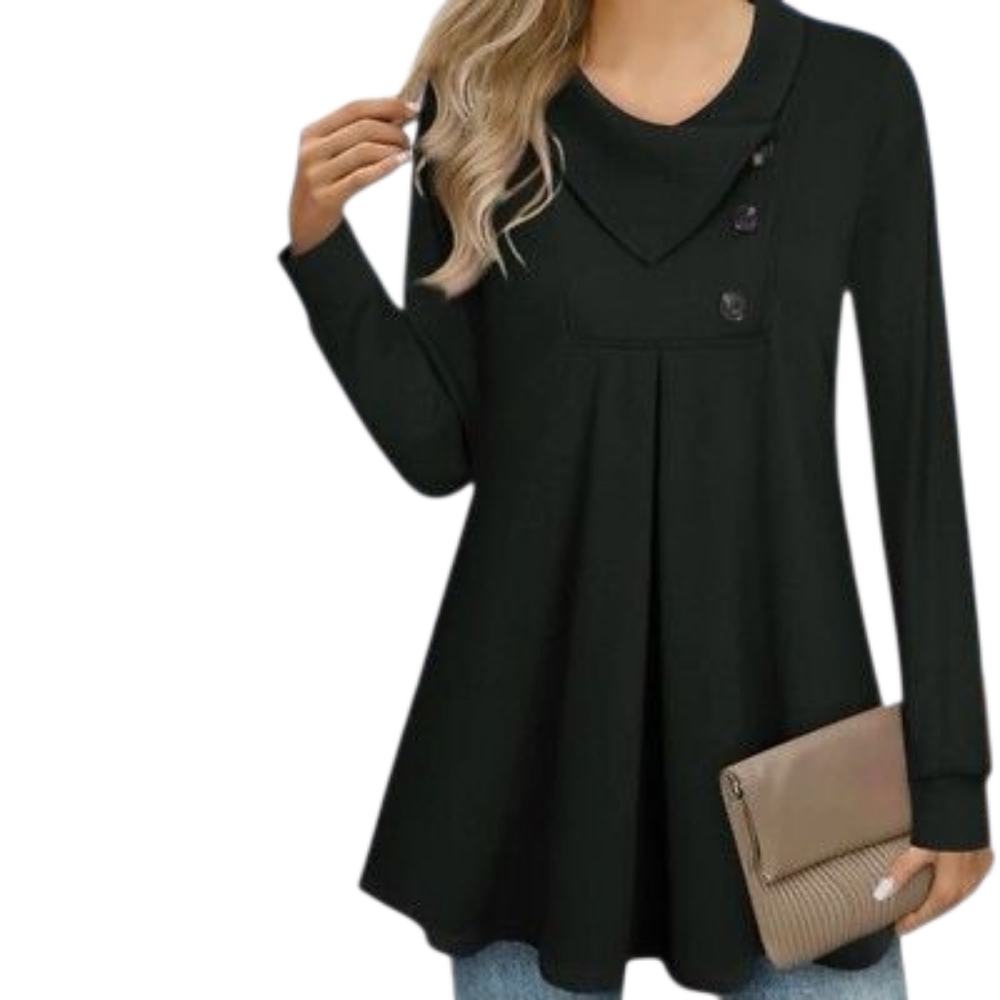TIMESON Dark Gray Long Sleeve Button Lapel Pullover Longline Swing Top Lagenlook